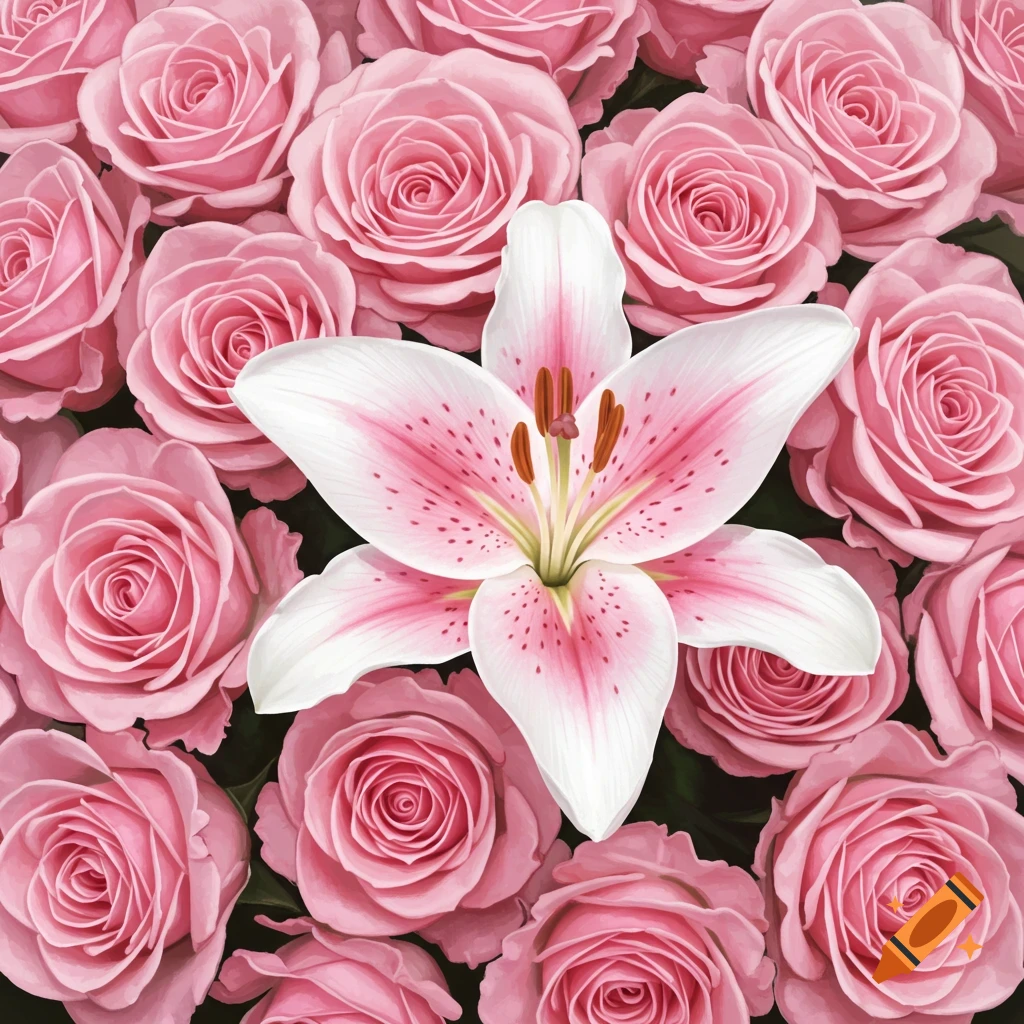 Pink roses surround a white lily with pink spots.