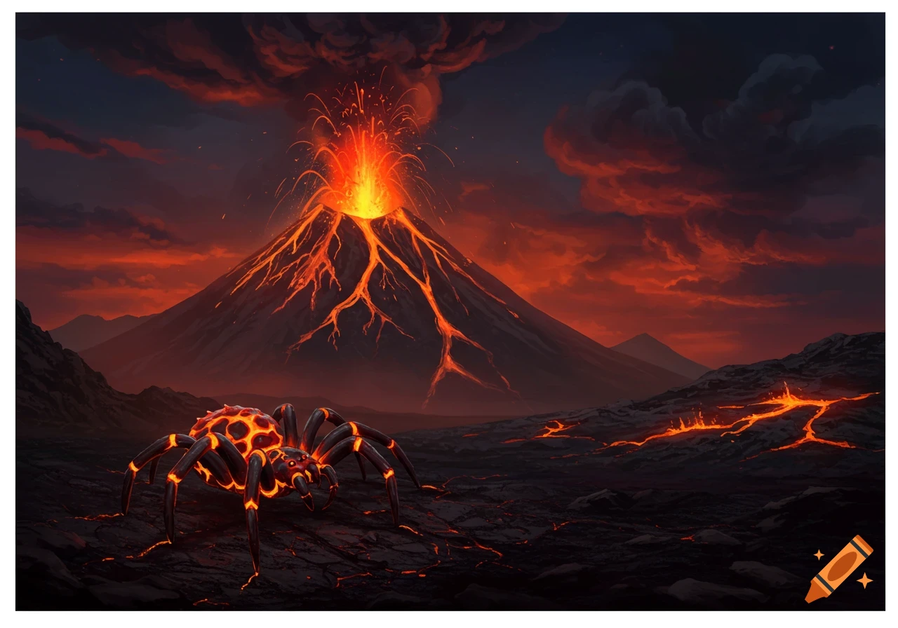 A lava spider is near an erupting volcano.