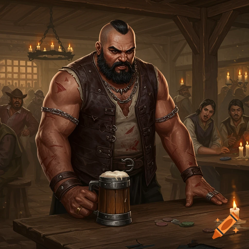 A burly man in a medieval tavern with a beard and leather vest, holding a beer and looking aggressive.