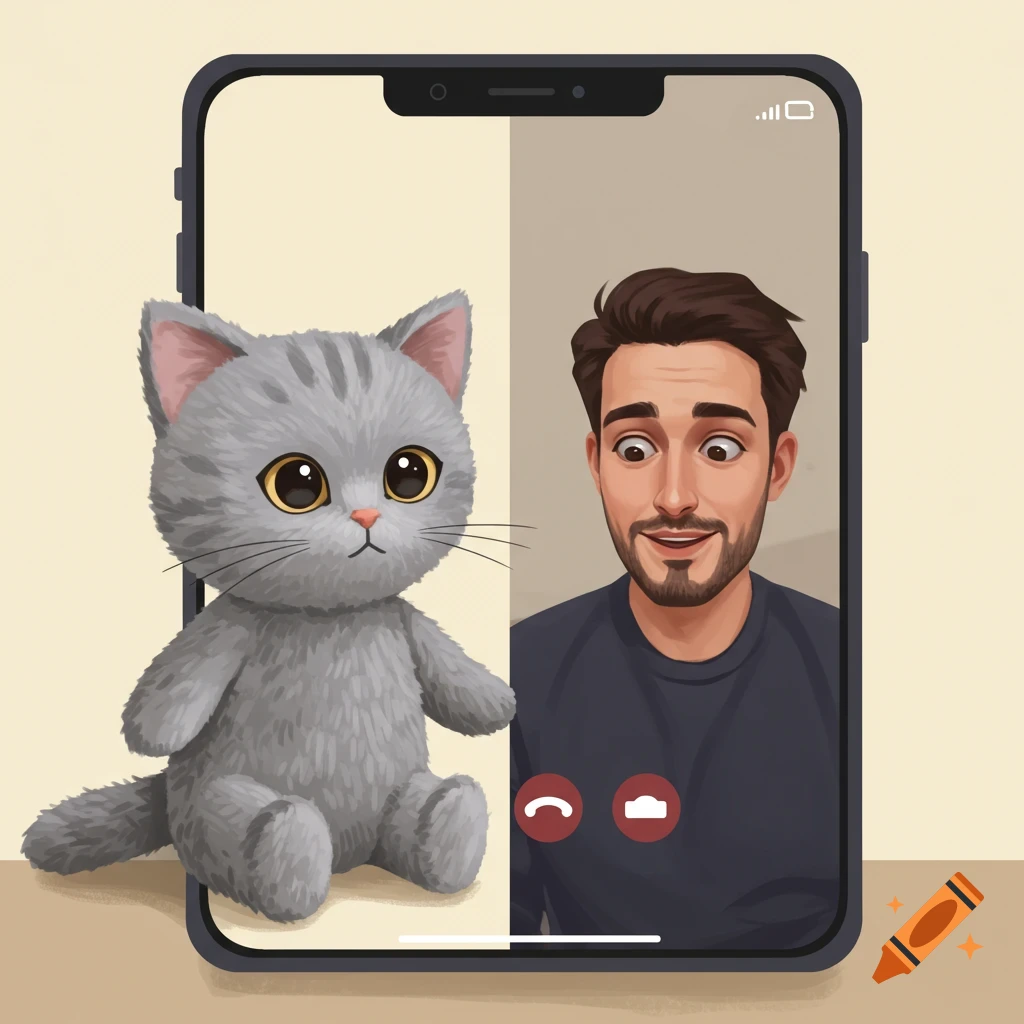 A toy cat sits near a phone screen displaying a video call between a man and someone else.