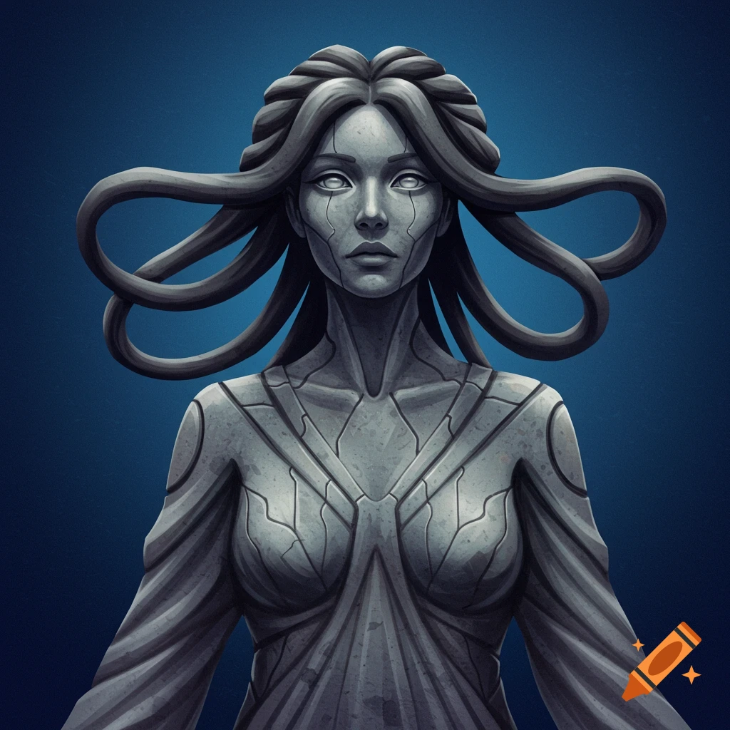 A gray stone statue of a woman with flowing hair stands against a blue background.
