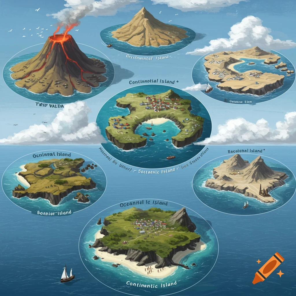 Various island types shown in circular diagrams on the ocean, some with towns or volcanoes.