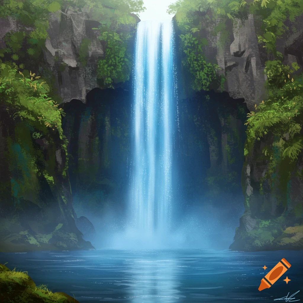 A blue waterfall cascading into a pool surrounded by lush green cliffs.
