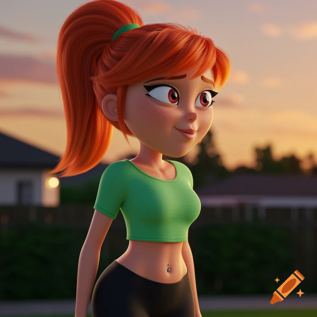 3D rendering of a cartoon girl with red hair in a ponytail, green crop top, black leggings, and belly piercing, standing outdoors at sunset.