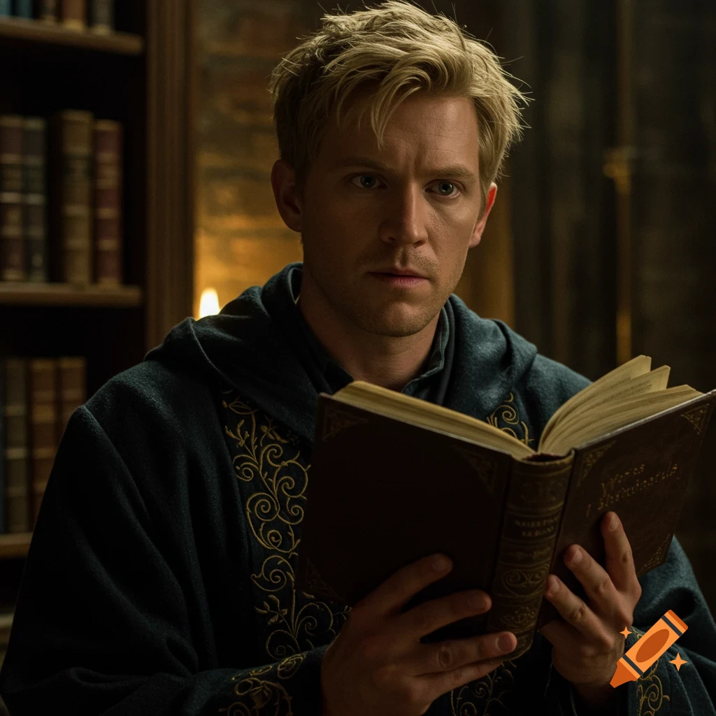 A blonde man in dark robes reads a book in a library.