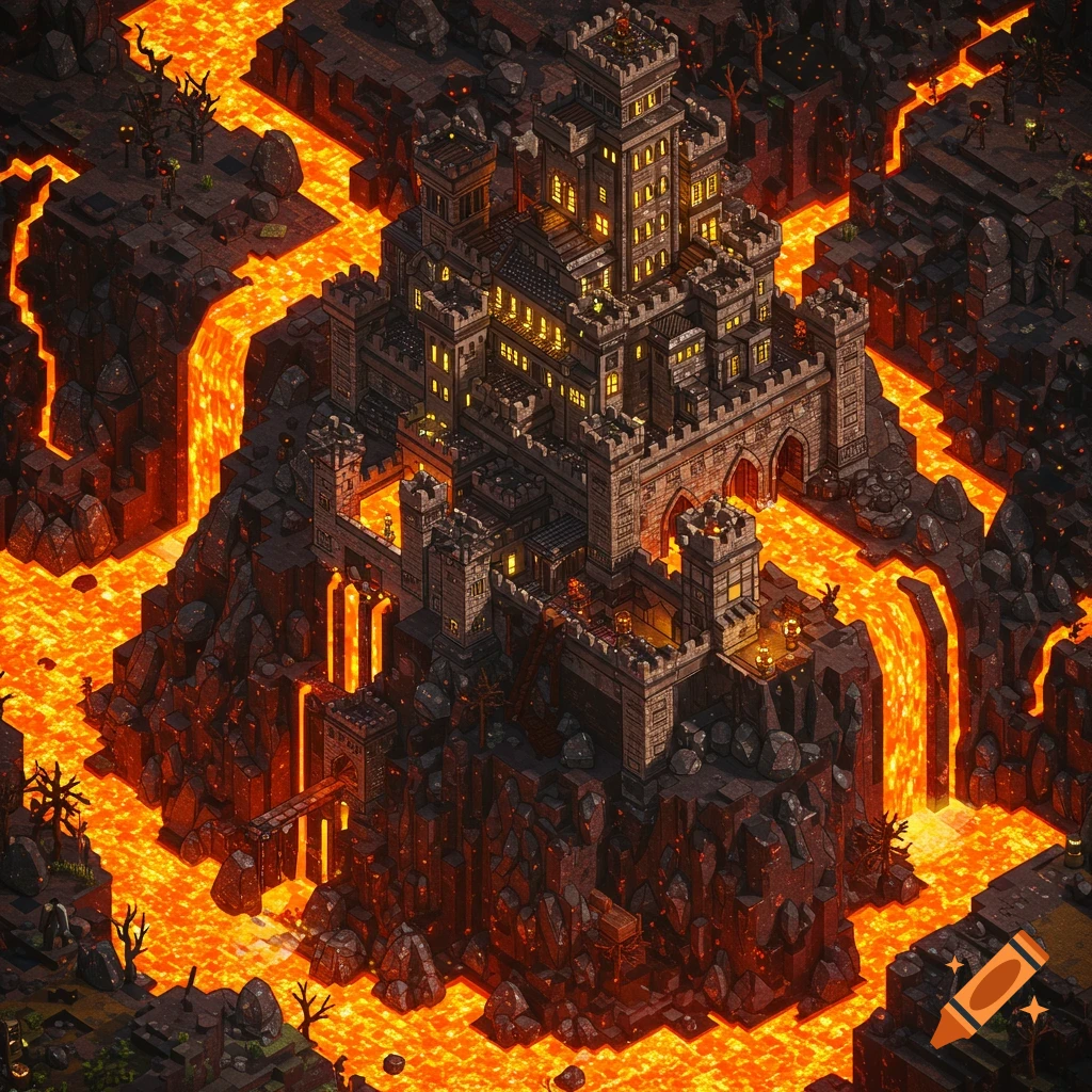 Pixel art isometric view of a large castle surrounded by flowing lava.