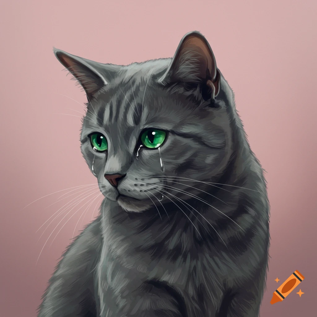 Sad grey tabby cat with green eyes, crying.