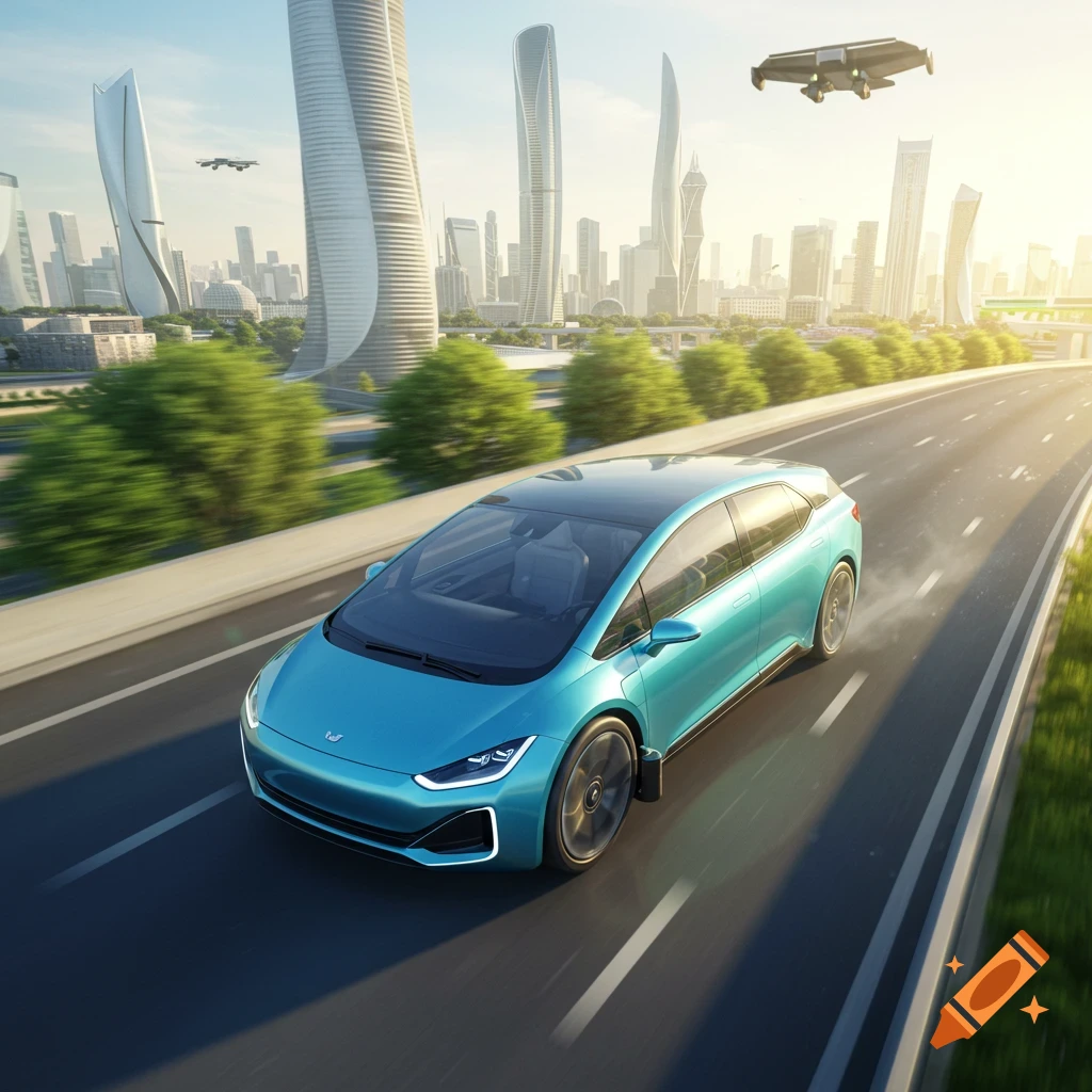 A blue self-driving car on a highway in a futuristic city with skyscrapers and flying vehicles.
