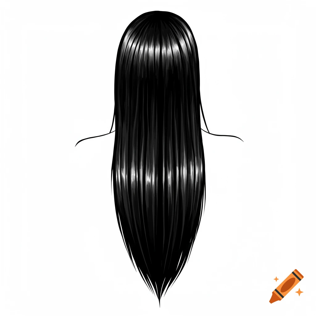Illustration of the back of a head with long, straight black hair.