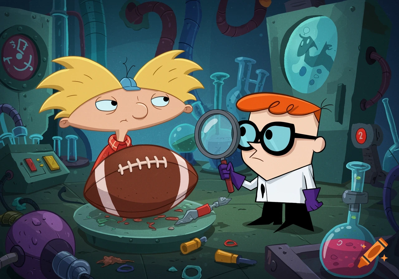 Cartoon crossover of Arnold and Dexter in a lab with a football.