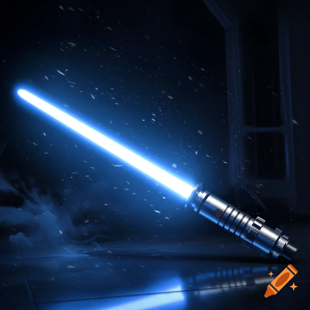 A blue lightsaber lies on a dark floor with mist and light particles.