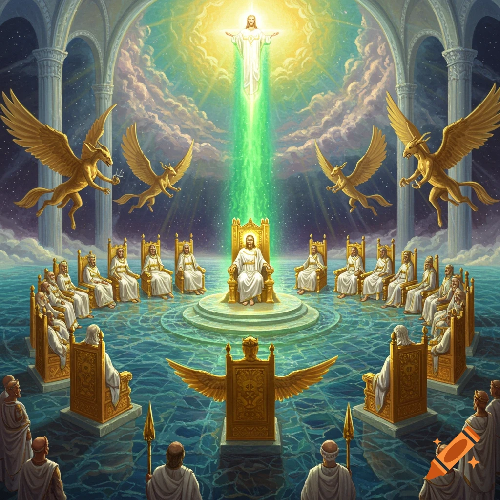 A heavenly throne room scene with a central figure on a throne, surrounded by elders and winged creatures floating on water.