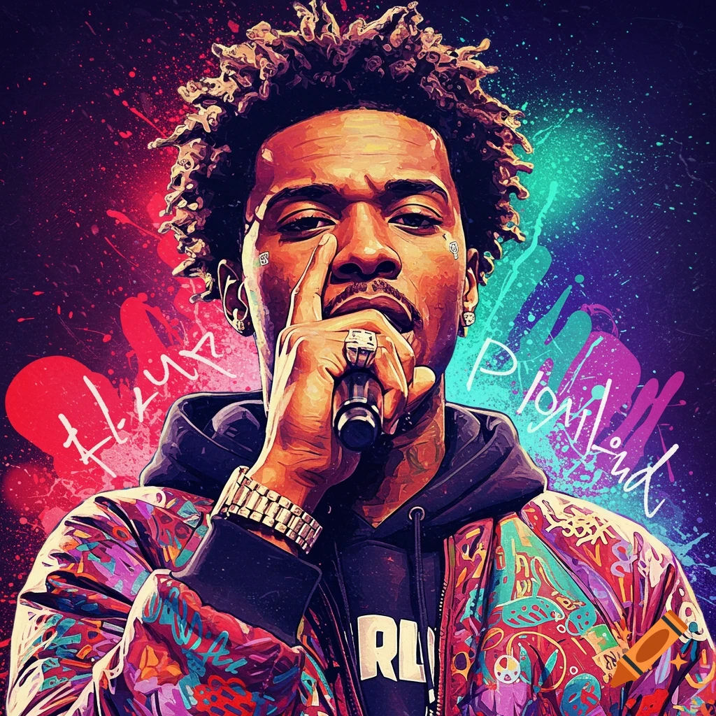 A stylized image of a person singing into a microphone with vibrant colors and splatters.
