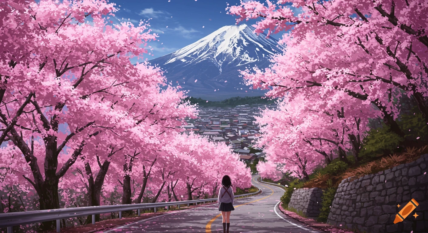 Anime of a person standing on a road lined with pink cherry blossoms, looking towards a town and mountain.