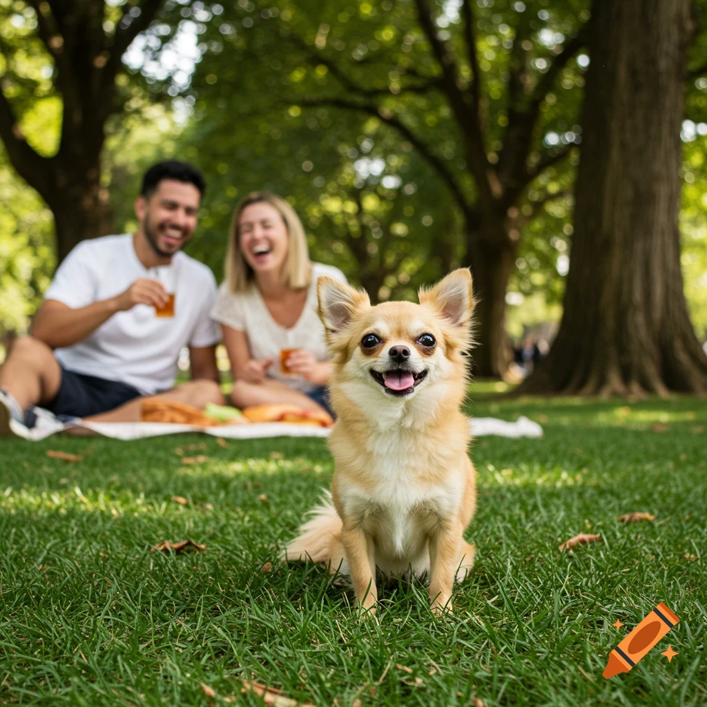 A small chihuahua sits in the grass smiling while two people picnic in the background.
