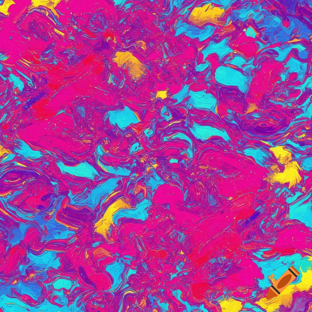An abstract pattern of vibrant pink, blue, purple, and yellow paint strokes.