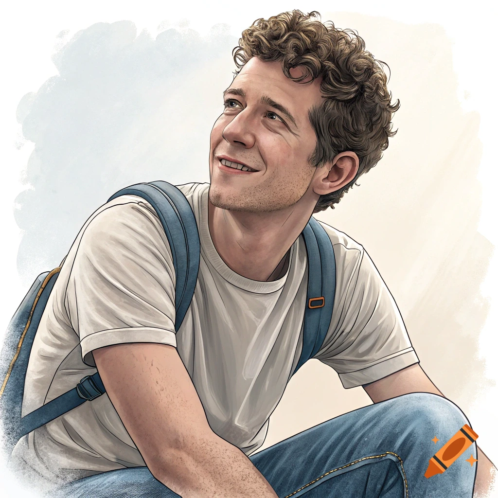 Illustrative portrait of a young man with curly hair and a blue backpack, smiling and looking up.