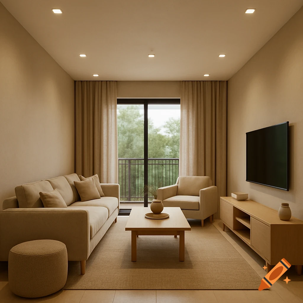 A beige earthy living room with furniture and a view of a balcony and trees.