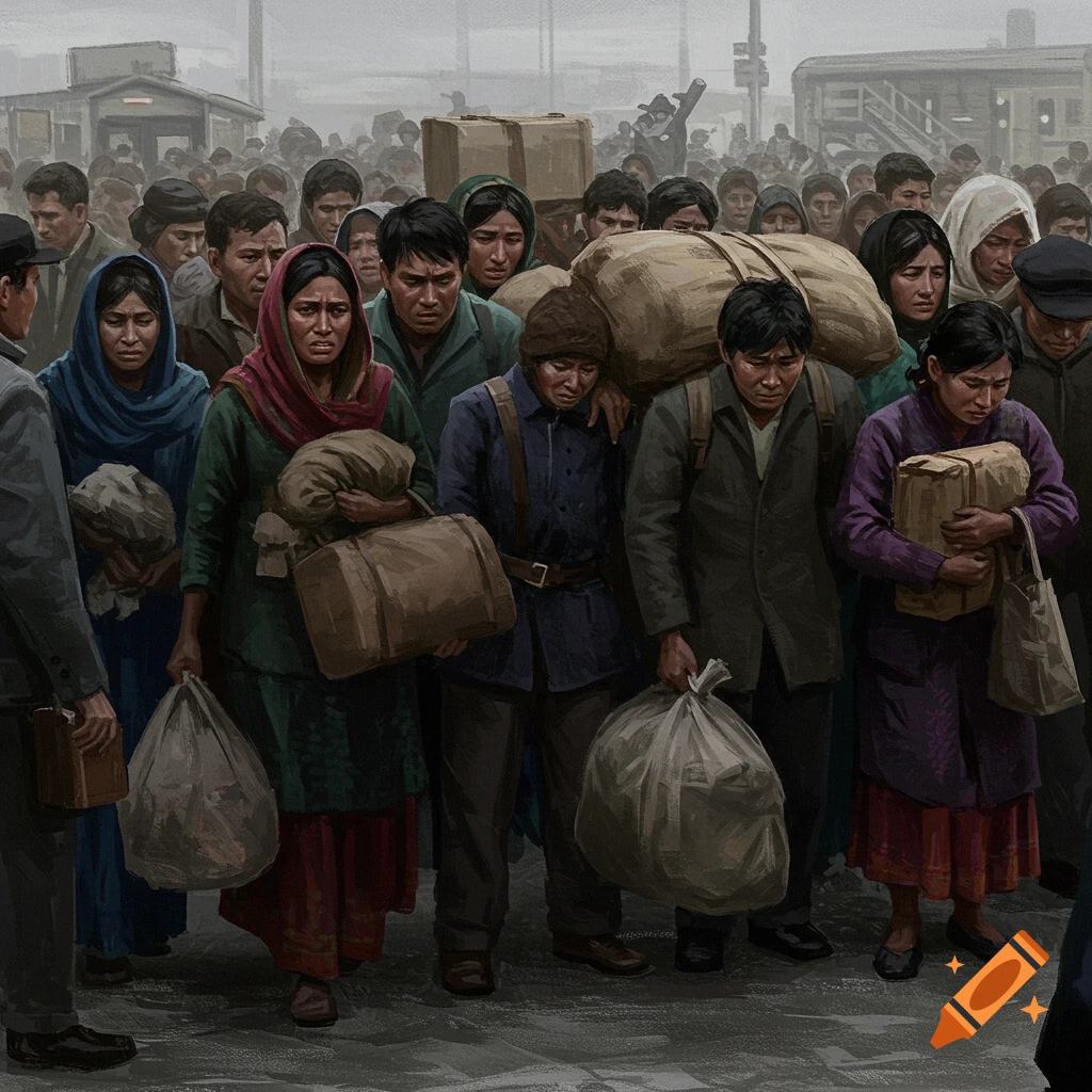 A large crowd of people looking sad and carrying luggage.