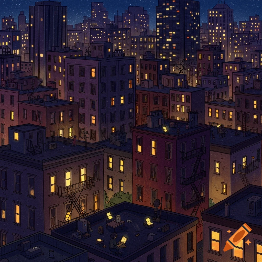 A city skyline at night with many lit windows. Figures work on laptops on rooftops.