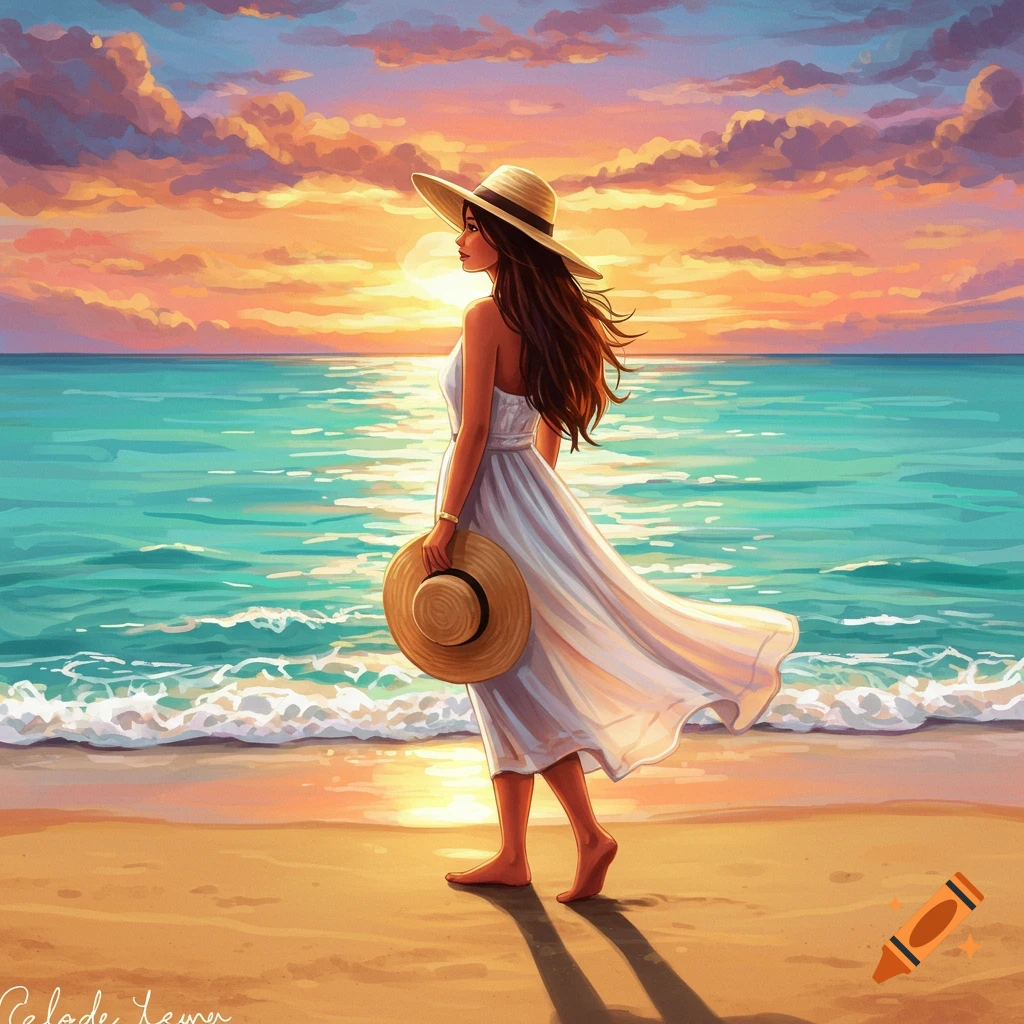 Woman holding a hat, standing on a beach watching the sunset over the ocean.