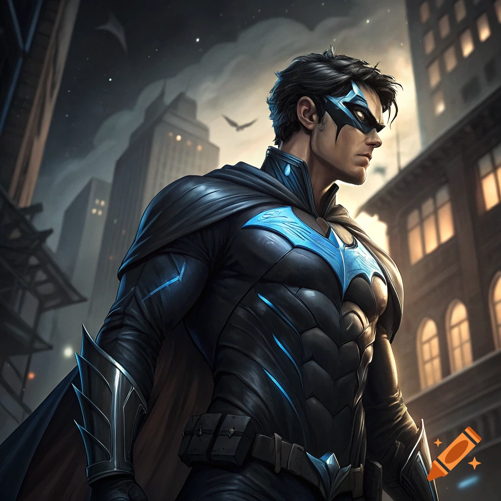 An illustration of Nightwing standing in a city street at dusk.