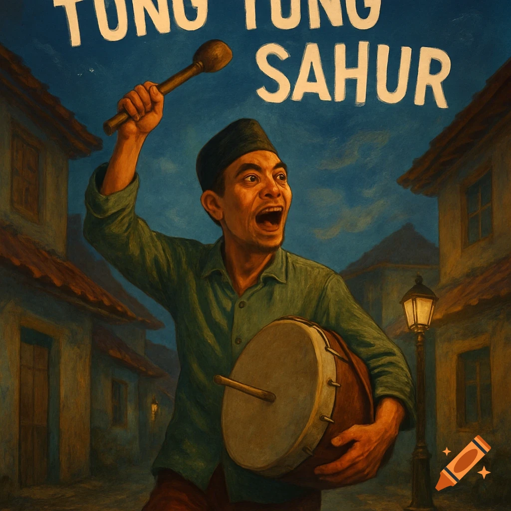 A man shouting and holding a drum in a village street, with text 'TUNG TUNG SAHUR'