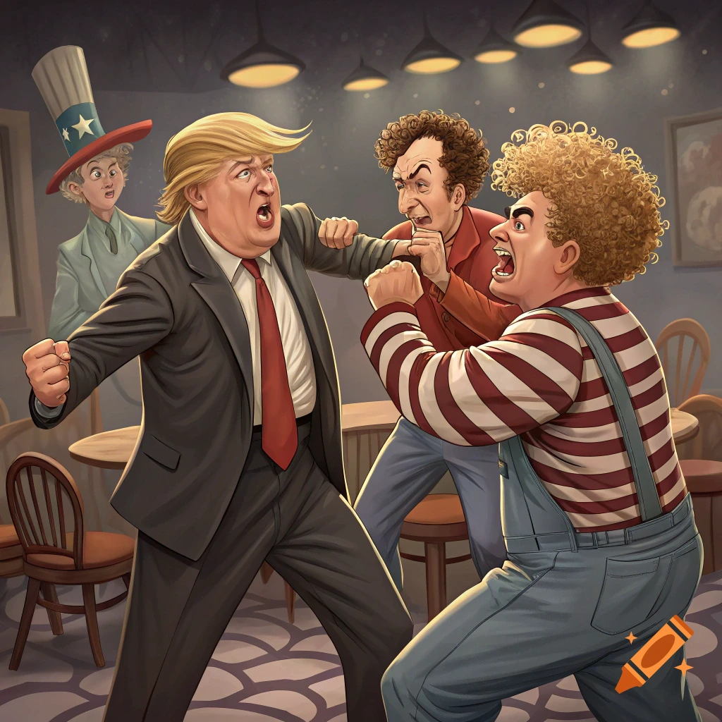 Cartoon illustration of Donald Trump fighting Curly of the Three Stooges in a bar.