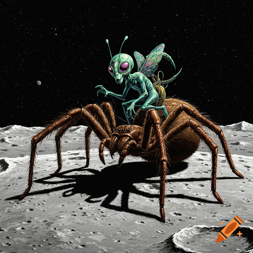 A mosquito-like alien riding a large spider on the surface of the moon.