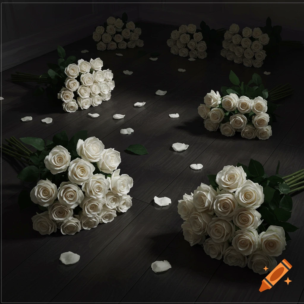 White rose bouquets and scattered petals are on a dark wooden floor with dim lighting.