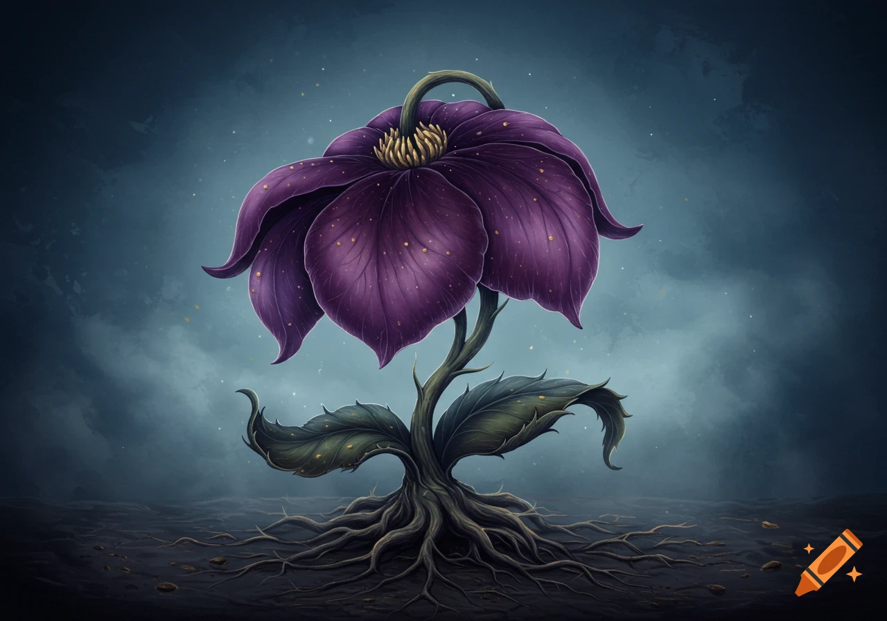 A dark purple flower with widespread roots under a moody sky.