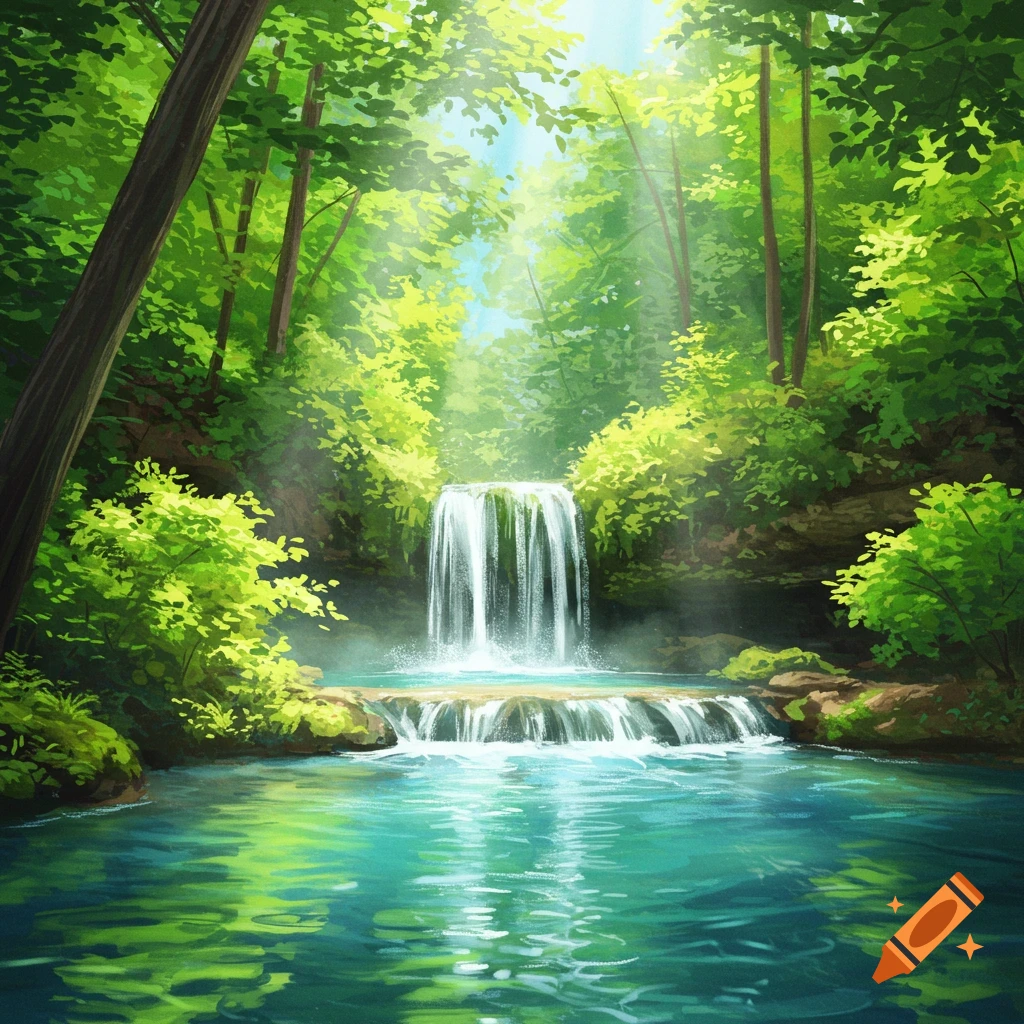 A waterfall cascades into a pool in a lush forest with sunlight filtering through the trees.