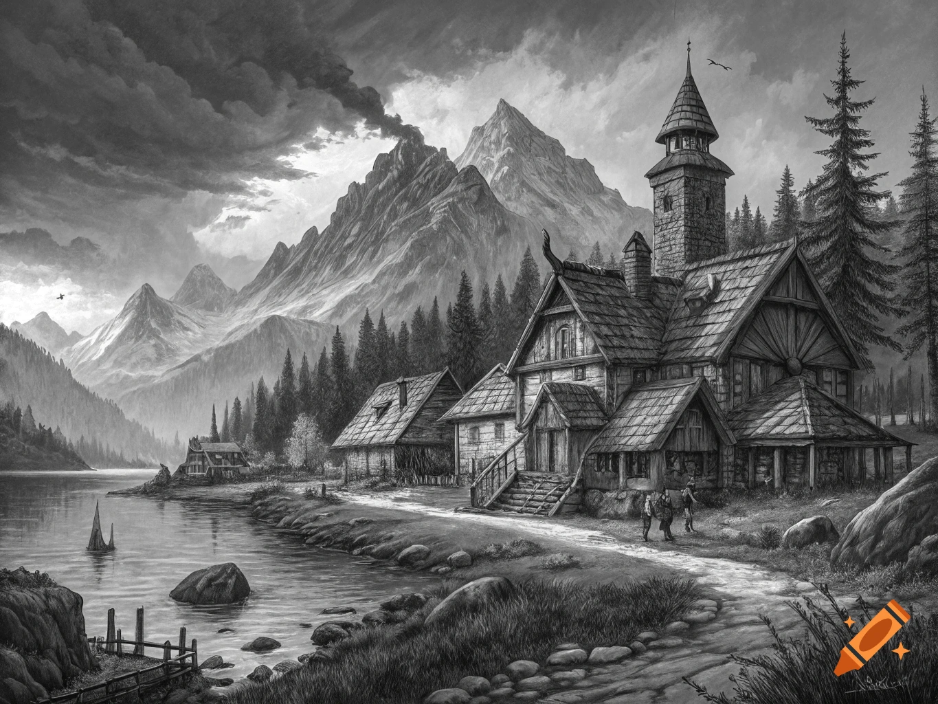 Black and white fantasy illustration of a village by a lake and mountains.
