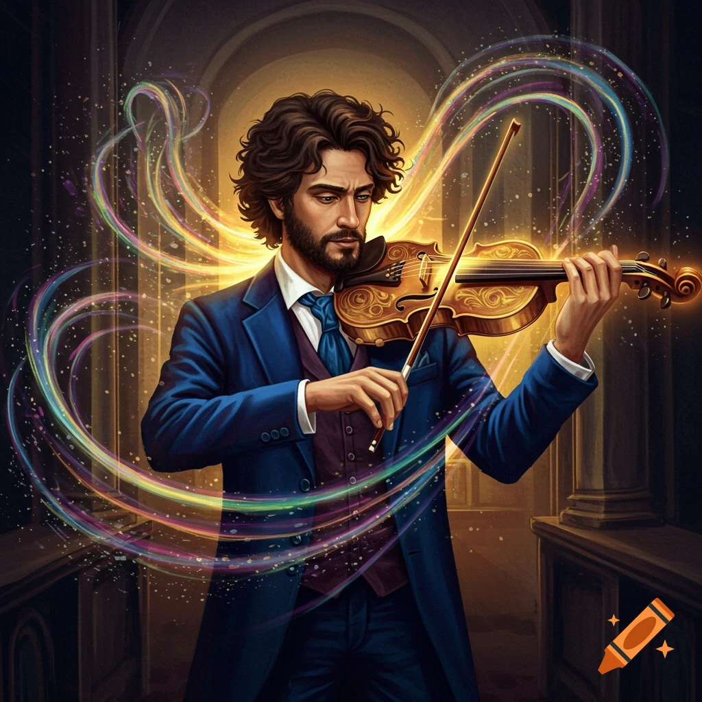 A man in a suit playing a magical violin with glowing, colorful sound waves.