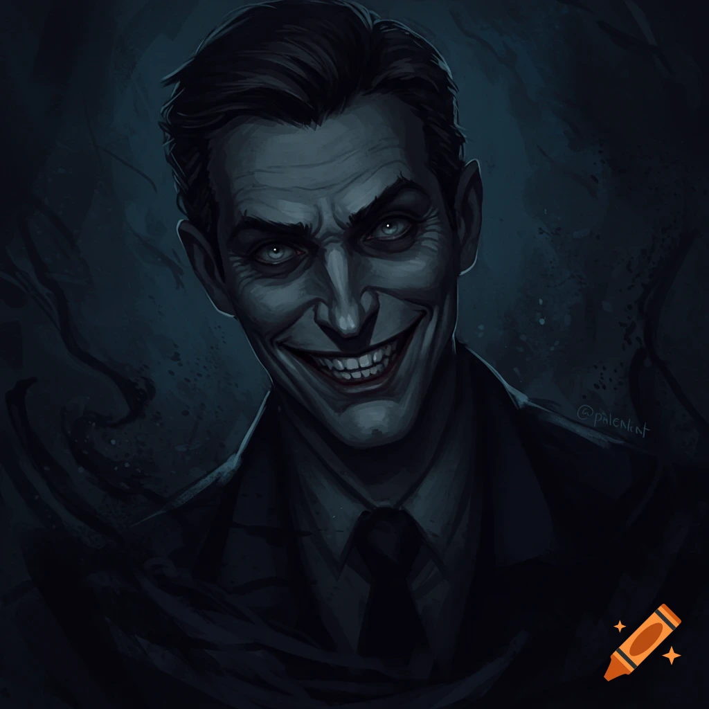 A man with a sinister smile in the dark.