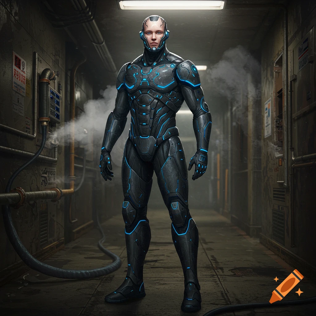 Full-body digital illustration of a character in dark futuristic armor with blue accents standing in a dim industrial hallway.