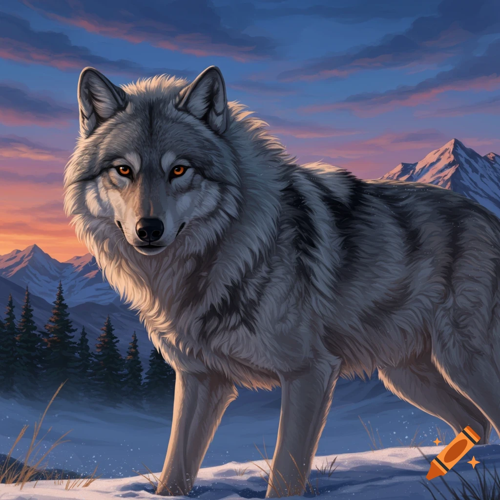 A wolf stands in a snowy mountain landscape at sunset.