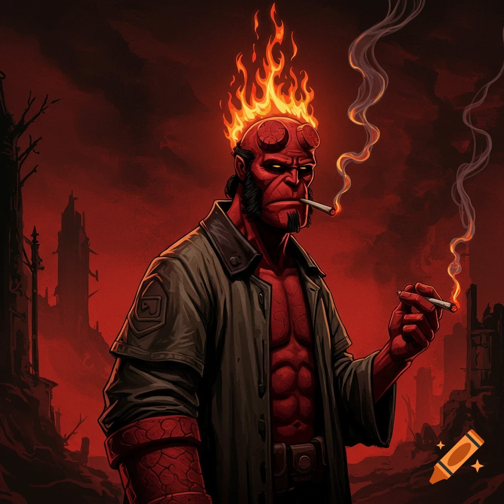 Hellboy with flames on his head and smoking, in the style of Mike Mignola.