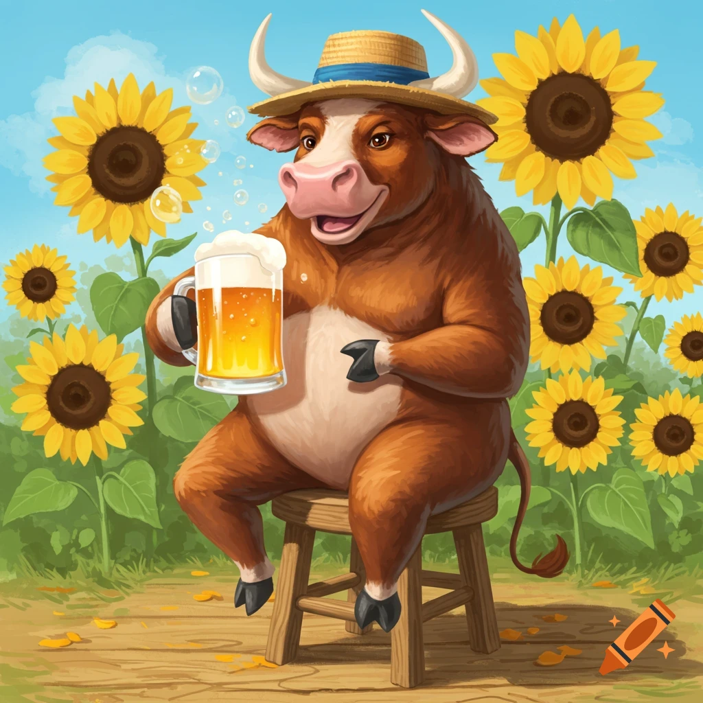 Cartoon bull in a straw hat sits on a stool drinking beer among sunflowers.