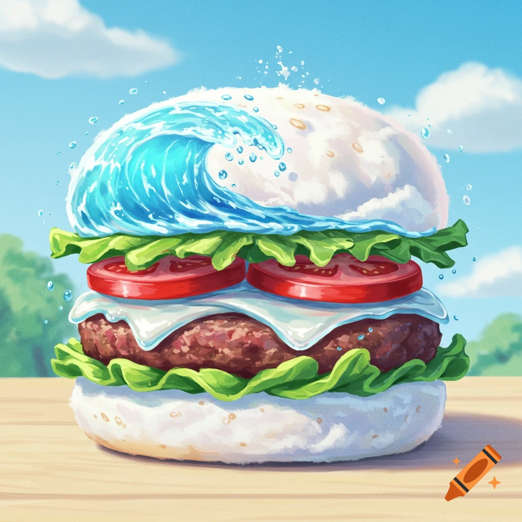 A hamburger with a wave of water as the top bun, against a blue sky.