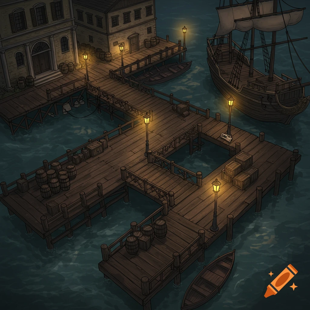 A top-down in DnD style of a maze of wooden docks with barrels, crates, and lamp posts, with a ship docked at the end, nighttime.