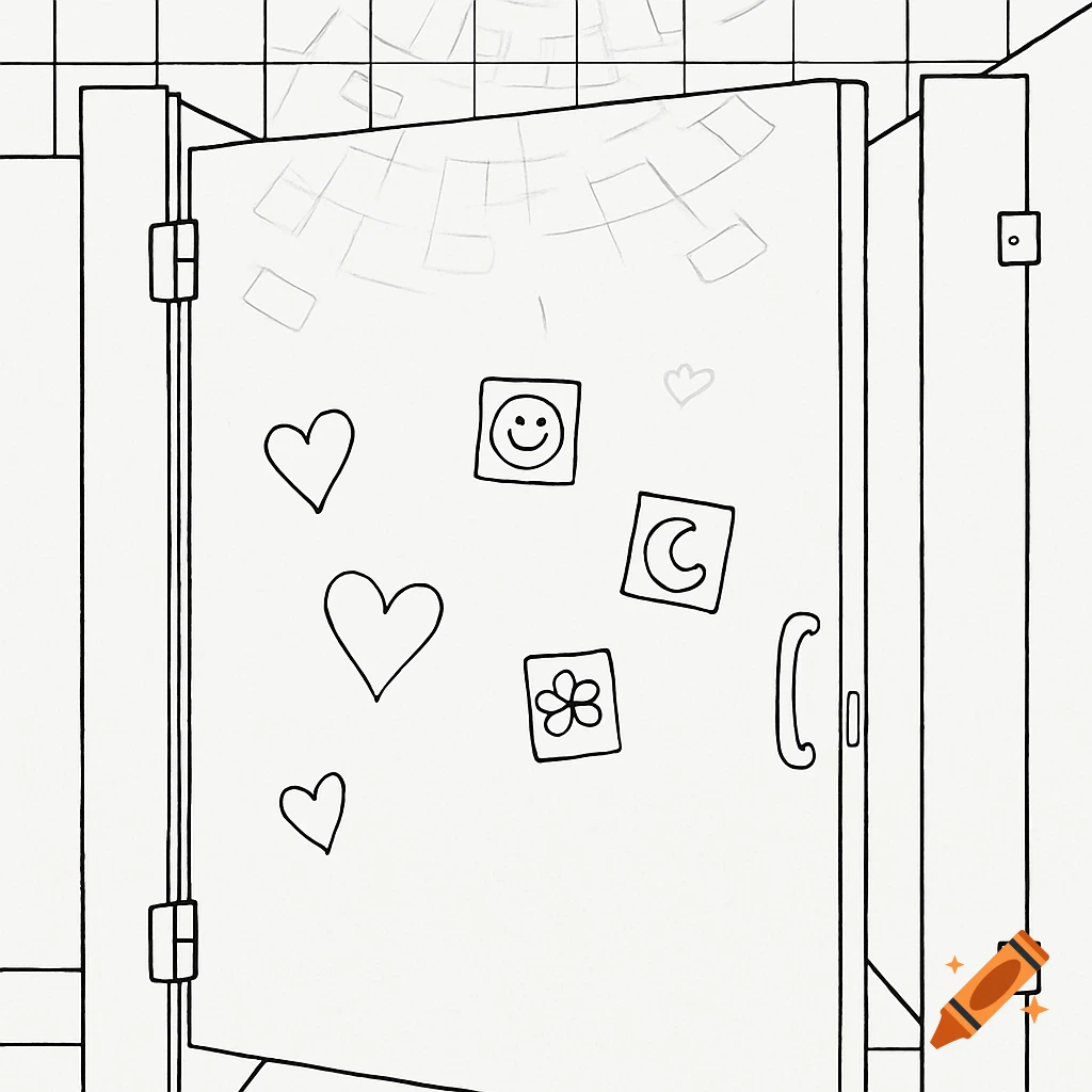 Line drawing of a bathroom stall door decorated with hearts and symbol stickers.