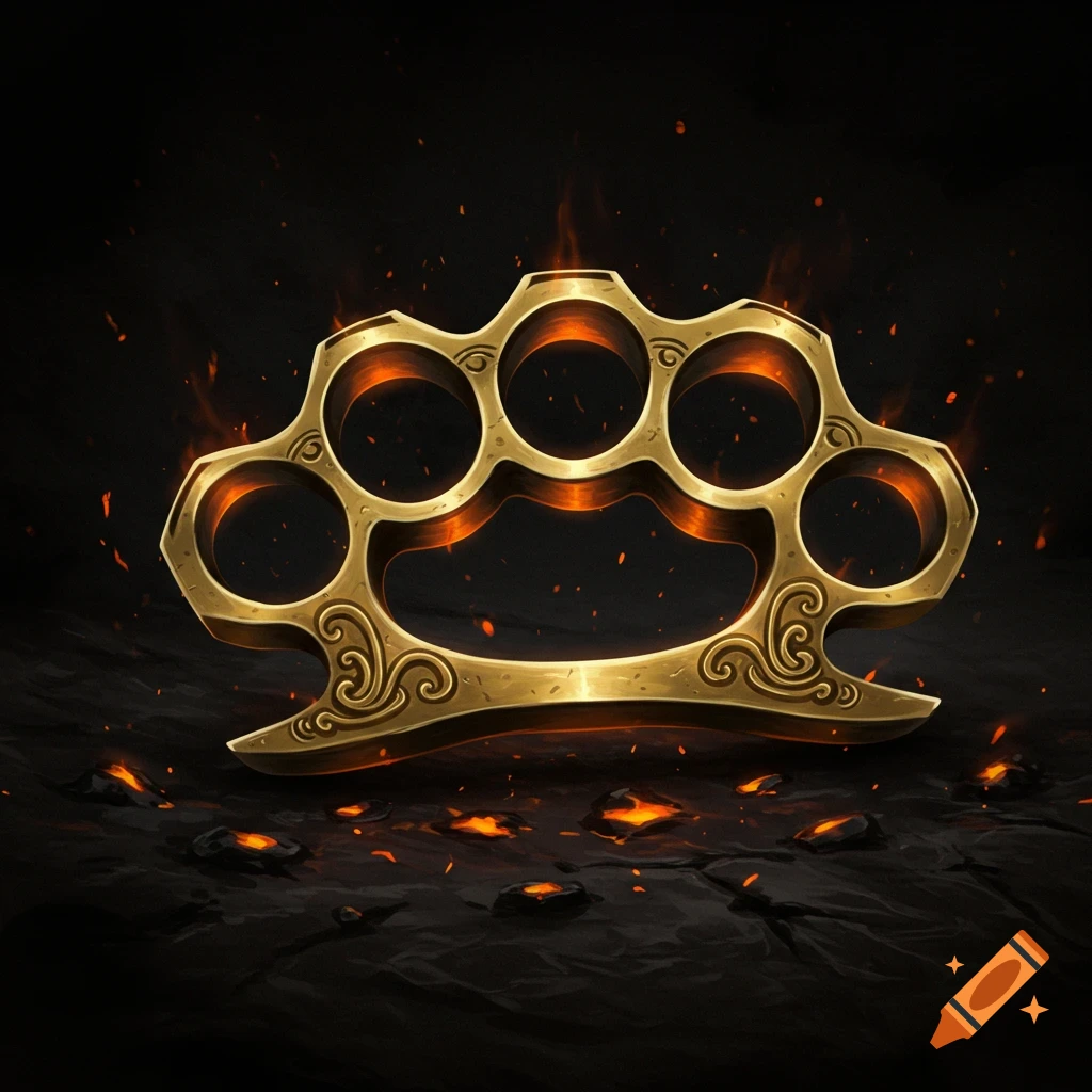 Ornate golden brass knuckles surrounded by flames and embers.