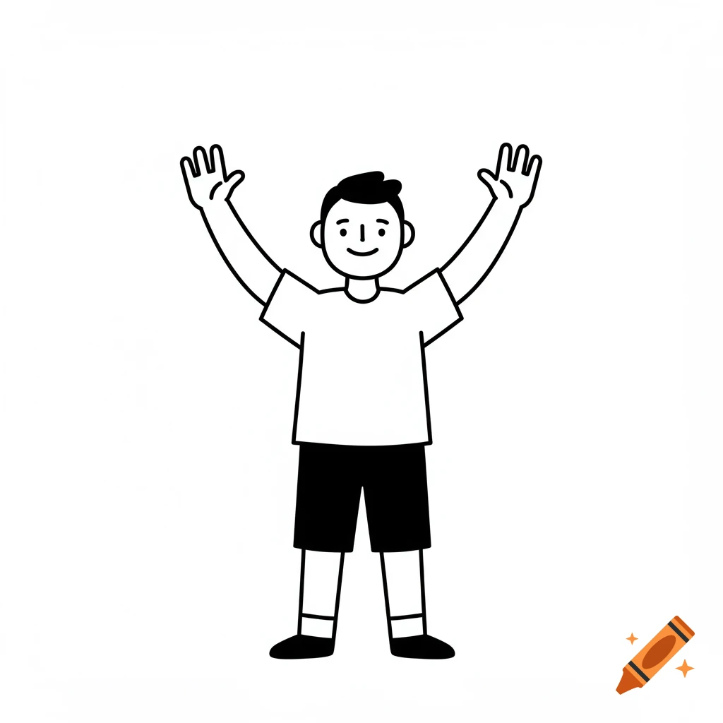 Black and white illustration of a person raising their hands.