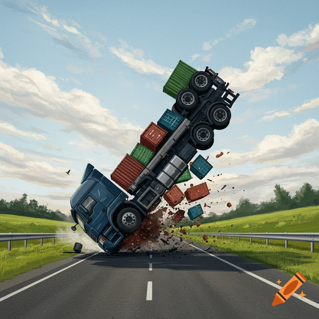 A semitruck is flipping over on a highway, scattering cargo containers.