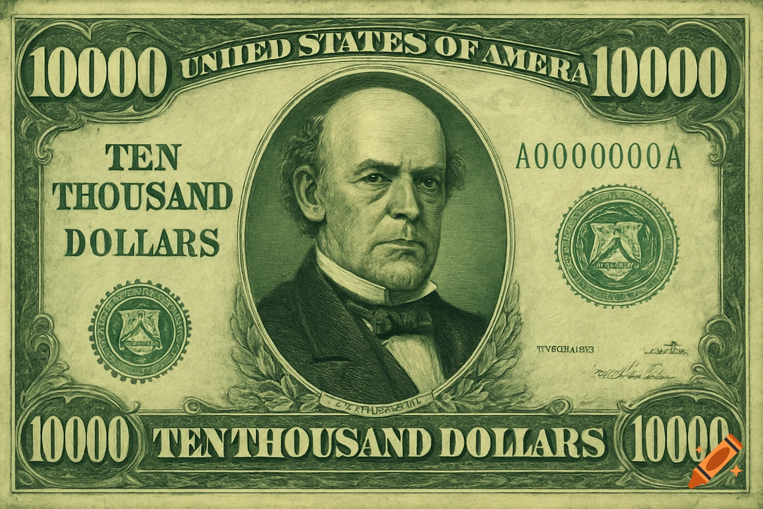 A green $10,000 US banknote with a portrait.