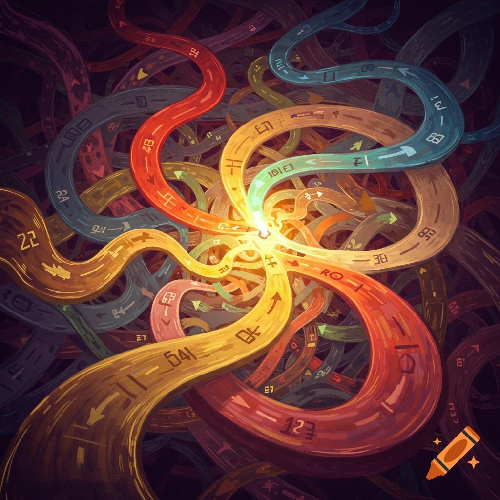 A vibrant complex web of curving, multicolored roads or paths covered in abstract symbols and numbers, converging at a bright center.