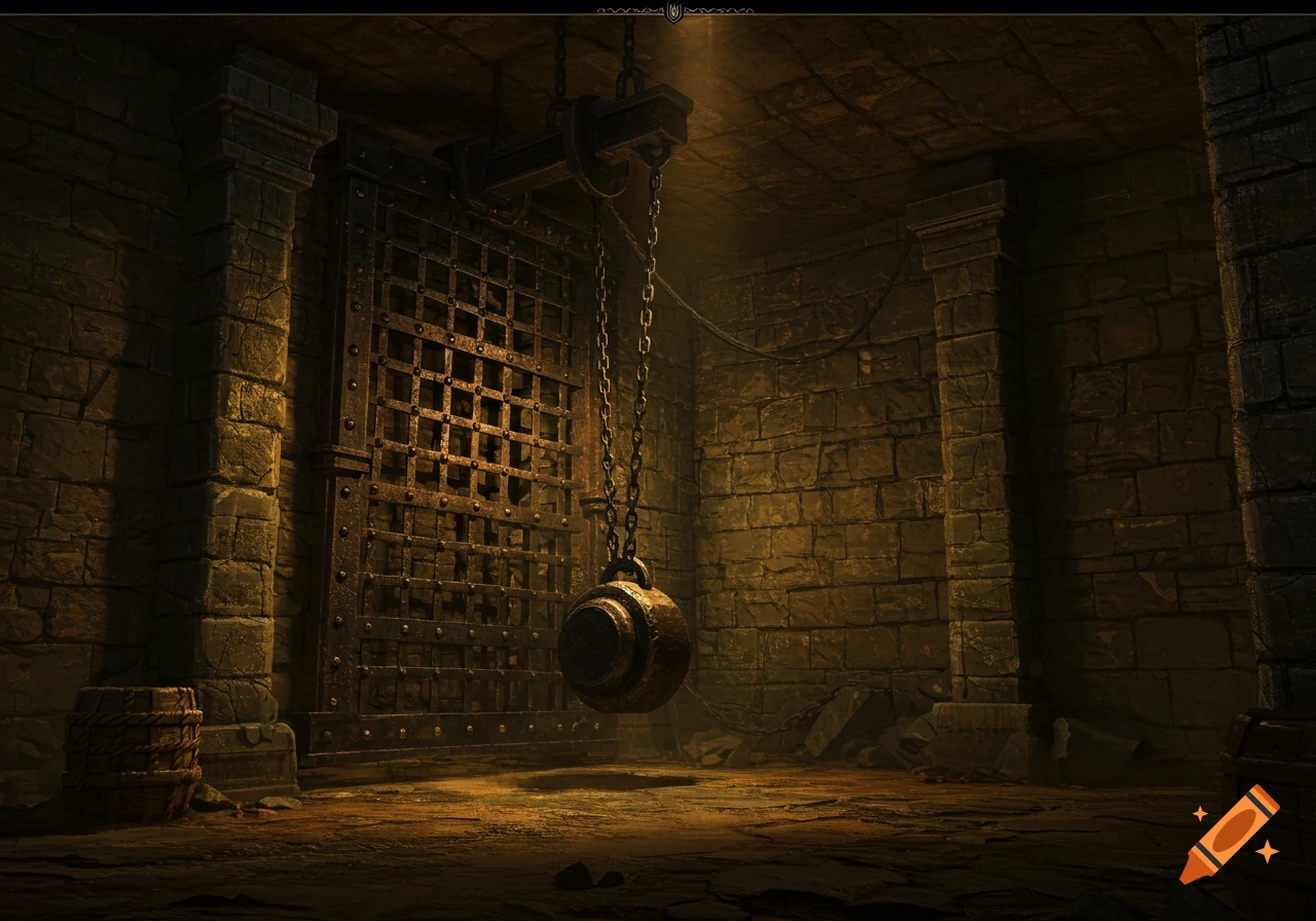 A dark dungeon room with a large gate and hanging wrecking ball counterweight.