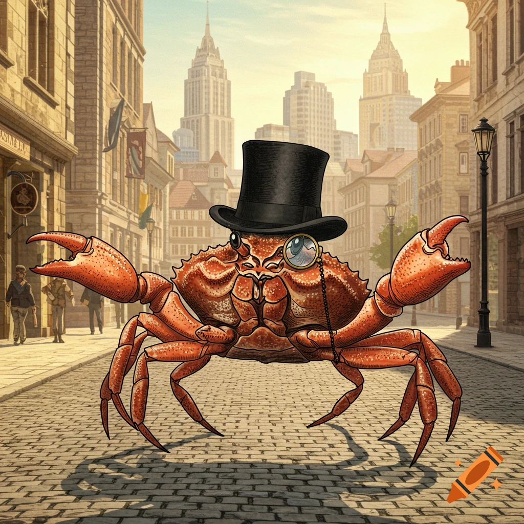 A dapper crab in a top hat and monocle walking on a cobblestone street ...