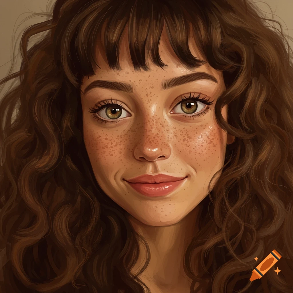 Young woman with curly brown hair, bangs, freckles, and hazel eyes, smiling slightly.